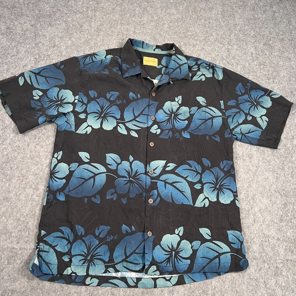 Tommy Bahama Hibiscus Floral Ombre Silk Hawaiian Button Up Shirt Loop Collar Lg‎